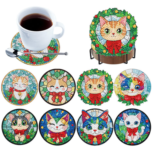 8Pcs Wooden Cats 5D Diamond Painting Coasters Kit for Adults Beginners