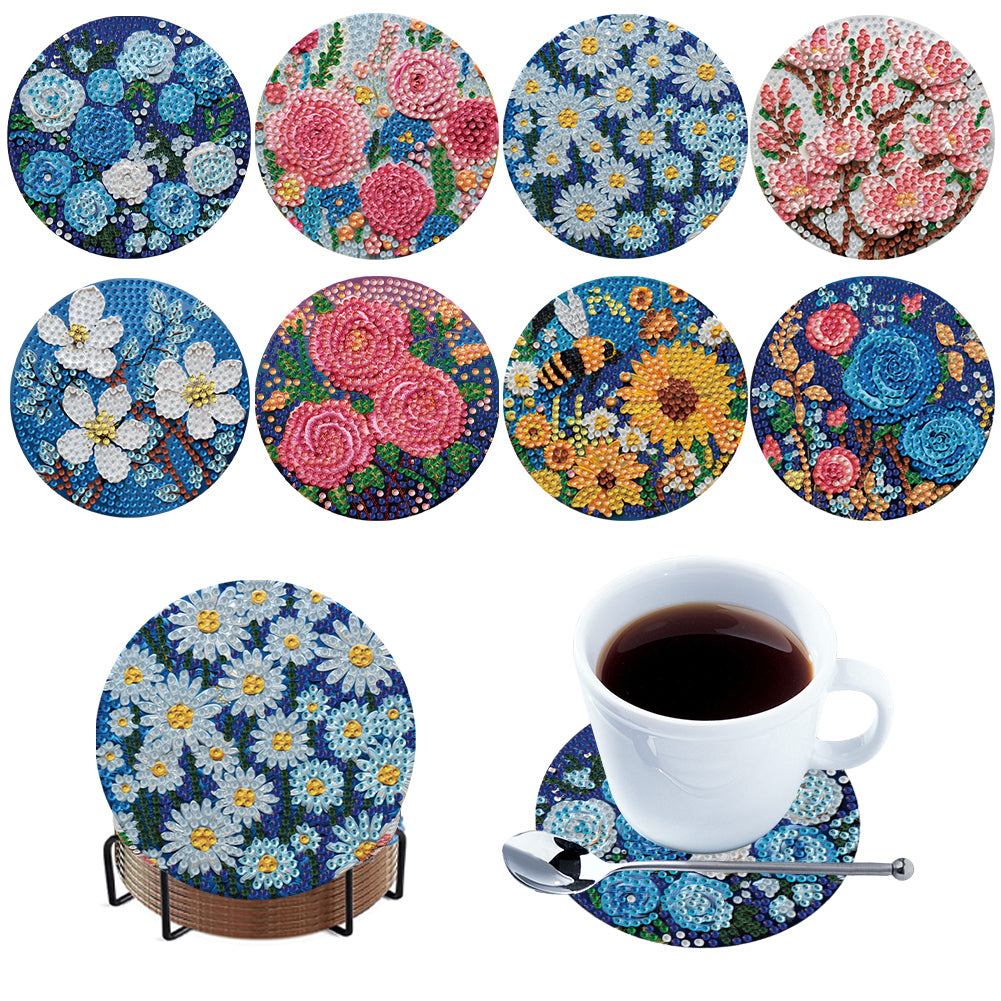 8Pcs Wooden Flowers 5D Diamond Painting Coasters Kit for Adults Beginners