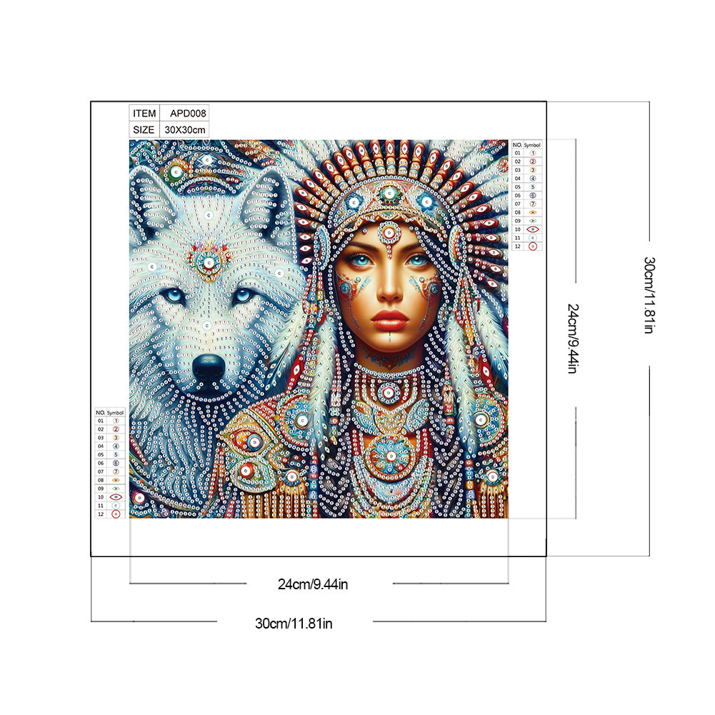 Indian Woman And White Wolf - Partial Special-Shaped Drill Diamond Painting 30*30CM