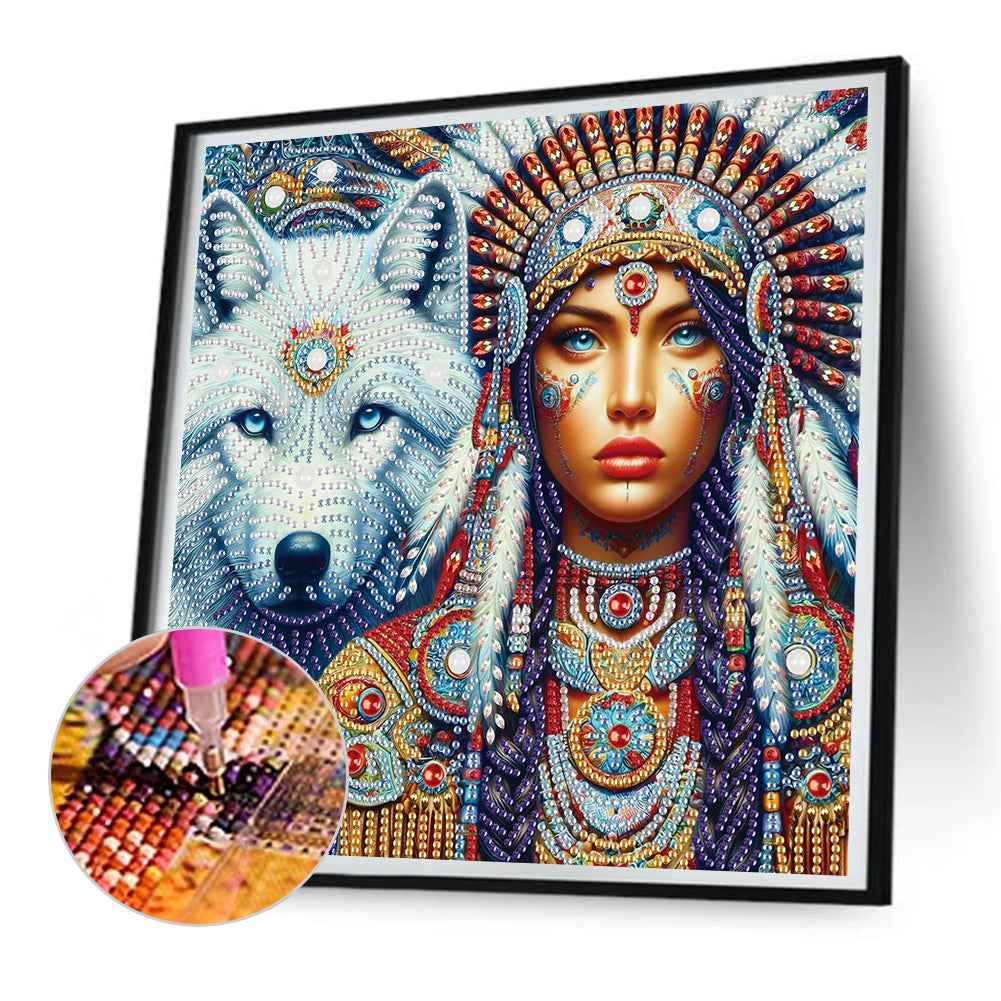 Indian Woman And White Wolf - Partial Special-Shaped Drill Diamond Painting 30*30CM