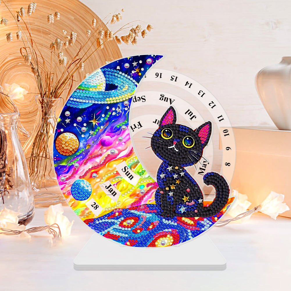 Acrylic Special Shaped Black Cat Diamond Art Desktop Perpetual Calendar for Home