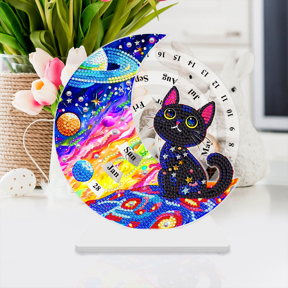 Acrylic Special Shaped Black Cat Diamond Art Desktop Perpetual Calendar for Home