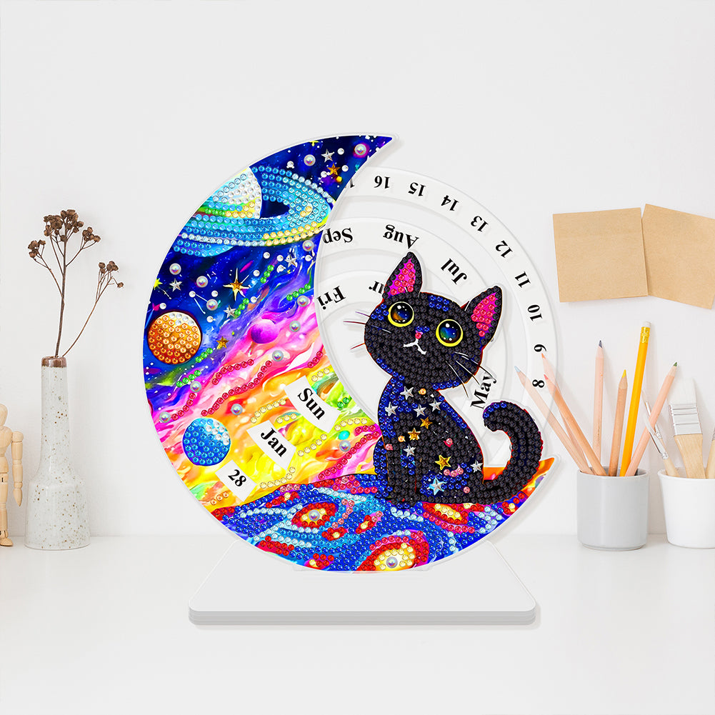 Acrylic Special Shaped Black Cat Diamond Art Desktop Perpetual Calendar for Home