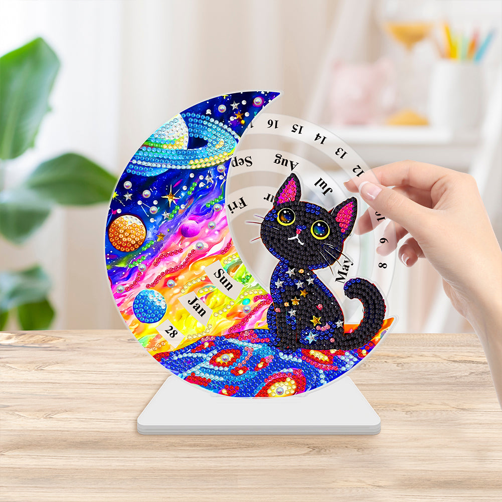 Acrylic Special Shaped Black Cat Diamond Art Desktop Perpetual Calendar for Home