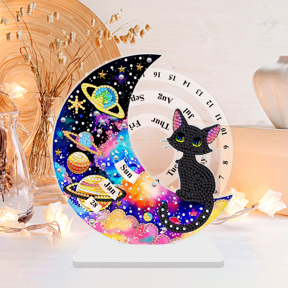 Acrylic Special Shaped Black Cat Diamond Art Desktop Perpetual Calendar for Home