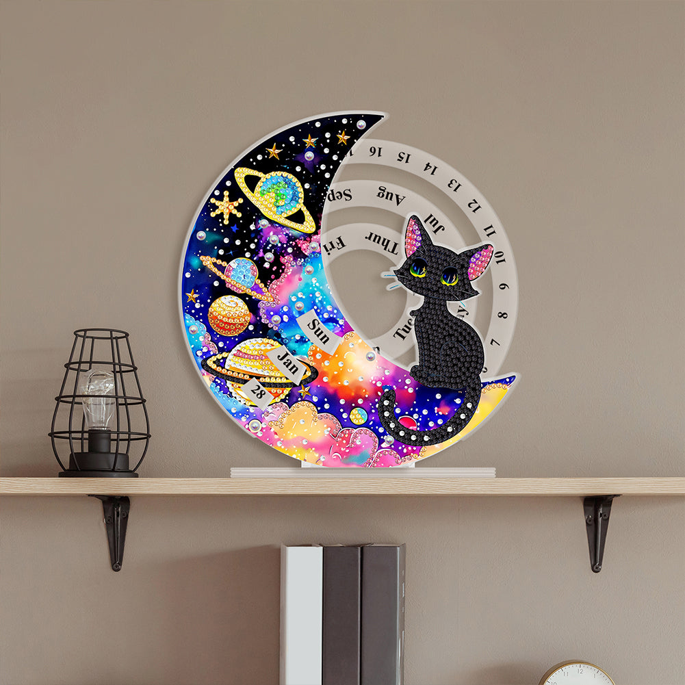 Acrylic Special Shaped Black Cat Diamond Art Desktop Perpetual Calendar for Home