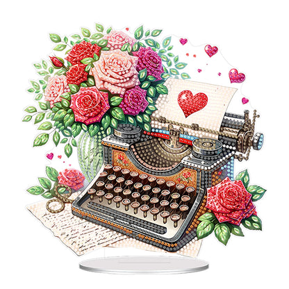 Acrylic Special Shape Typewriter And Roses Diamond Painting Desktop Ornaments