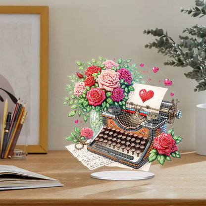 Acrylic Special Shape Typewriter And Roses Diamond Painting Desktop Ornaments