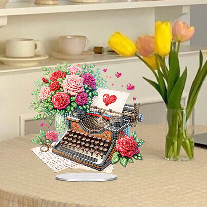 Acrylic Special Shape Typewriter And Roses Diamond Painting Desktop Ornaments