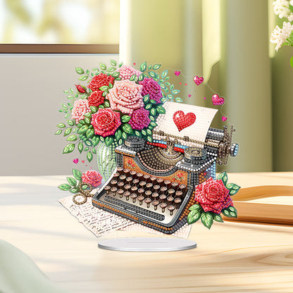 Acrylic Special Shape Typewriter And Roses Diamond Painting Desktop Ornaments