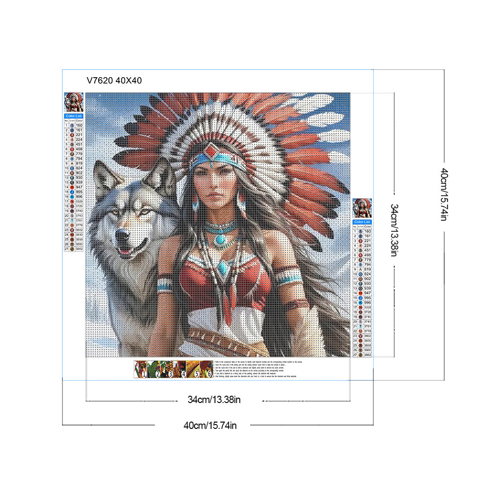 Indian Woman And Wolf - Full Round Drill Diamond Painting 40*40CM