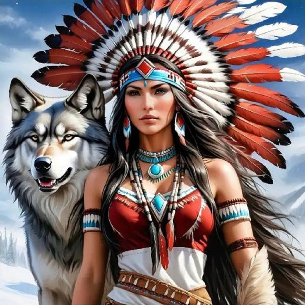 Indian Woman And Wolf - Full Round Drill Diamond Painting 40*40CM