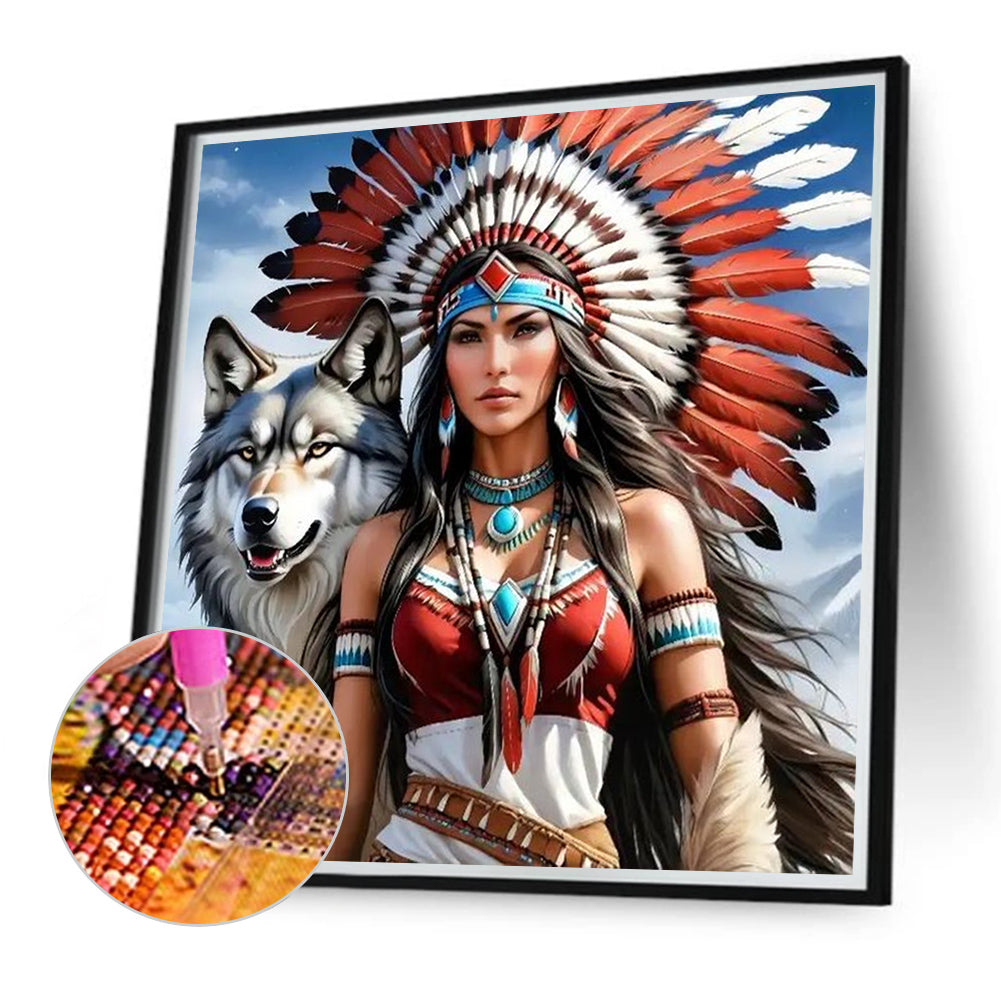 Indian Woman And Wolf - Full Round Drill Diamond Painting 40*40CM