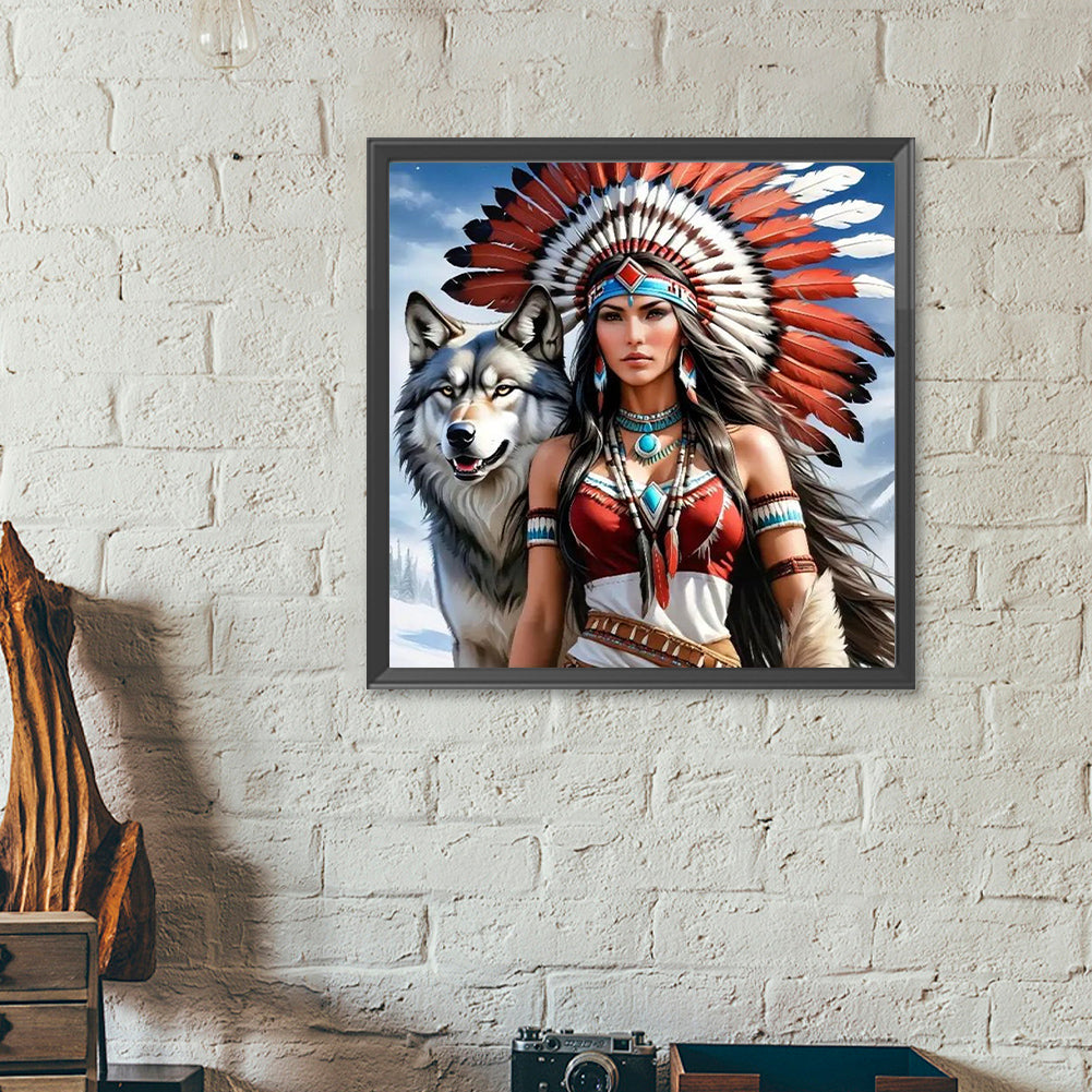 Indian Woman And Wolf - Full Round Drill Diamond Painting 40*40CM