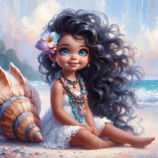 Curly-Haired Girl By The Sea With Shells - Full Round Drill Diamond Painting 30*30CM