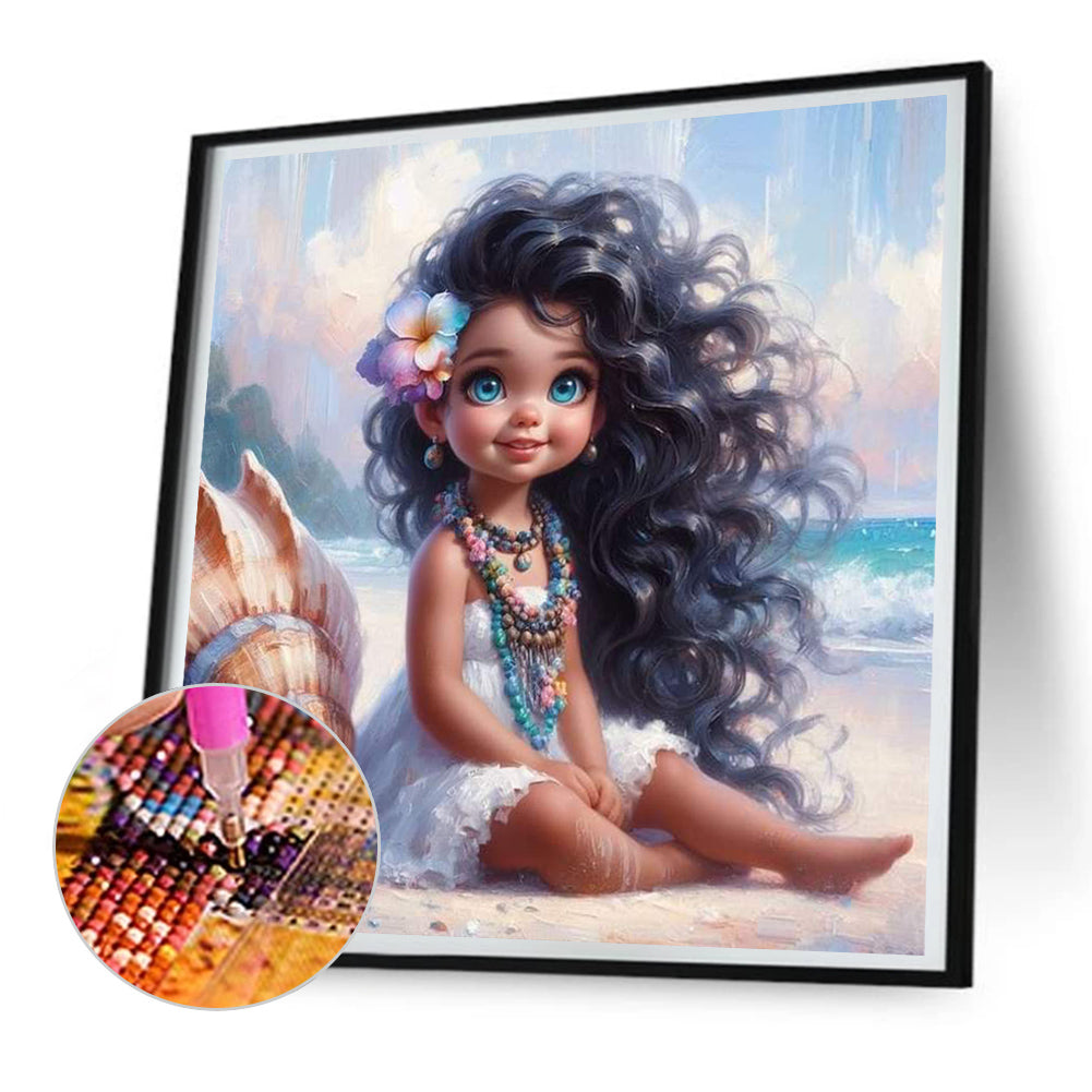 Curly-Haired Girl By The Sea With Shells - Full Round Drill Diamond Painting 30*30CM