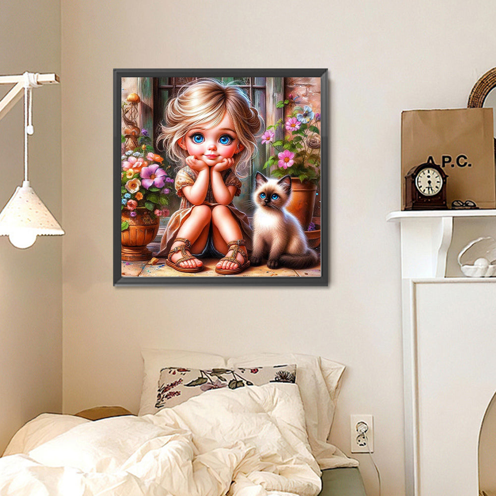 Door Girl And Kitten Girl - Full Round Drill Diamond Painting 30*30CM