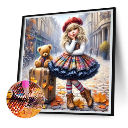 Teddy Bear Suitcase Girls - Full Round Drill Diamond Painting 30*30CM