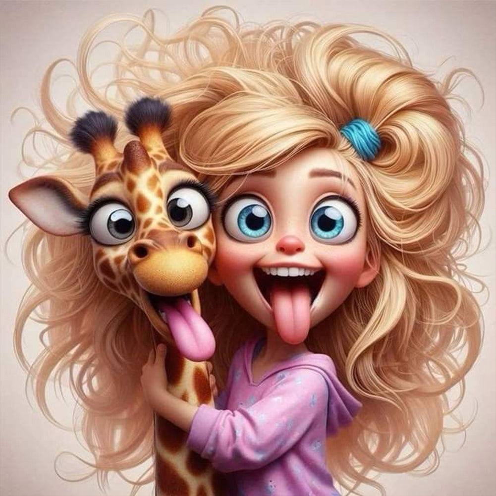 Funny Giraffe And Girl - Full Round Drill Diamond Painting 30*30CM