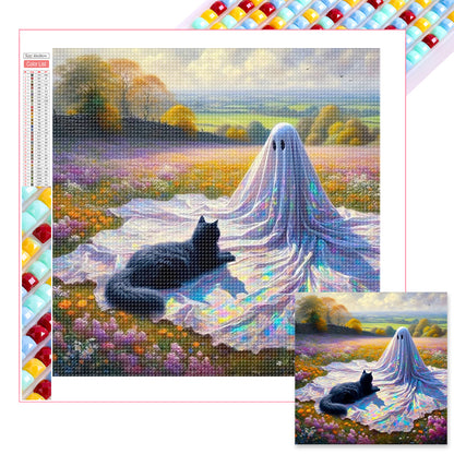 Flowers Black Cat Little Ghost - Full Square Drill Diamond Painting 30*30CM