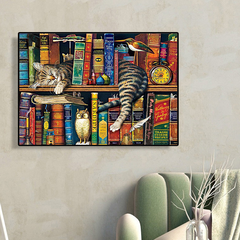 Cat On The Bookshelf - Full Round Drill Diamond Painting 40*30CM