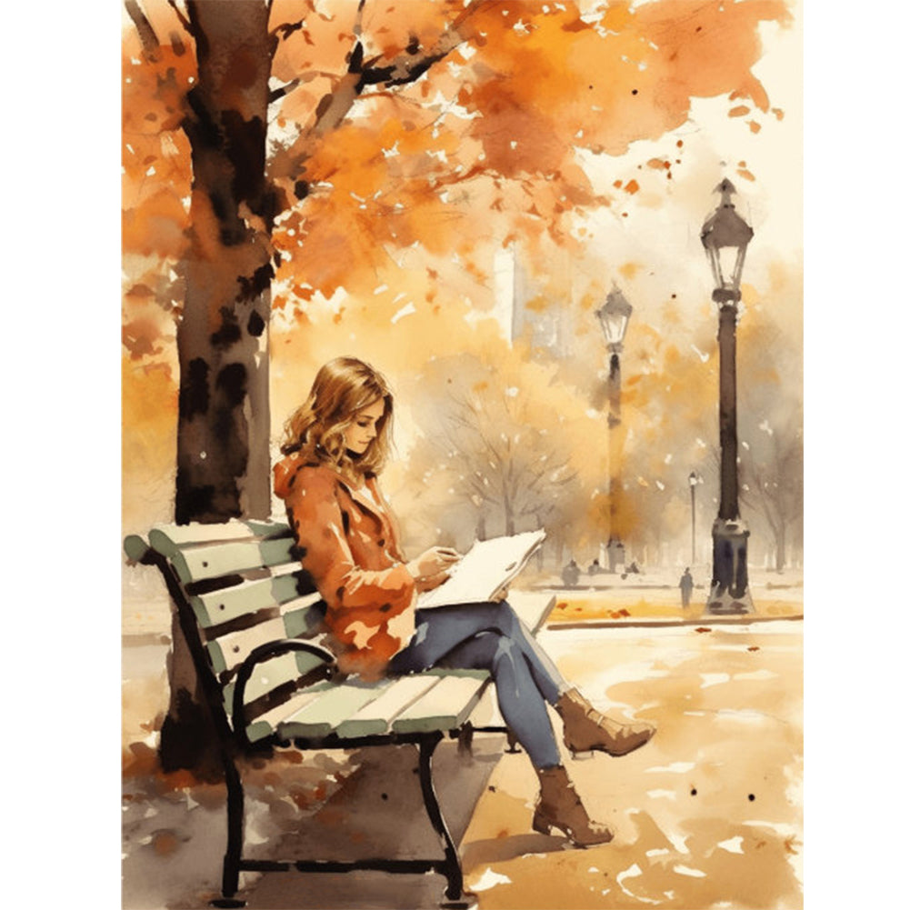 Girl Reading A Book Under The Autumn Tree - Full Round Drill Diamond Painting 30*40CM