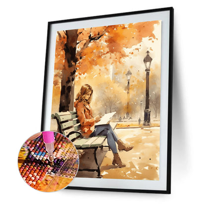 Girl Reading A Book Under The Autumn Tree - Full Round Drill Diamond Painting 30*40CM