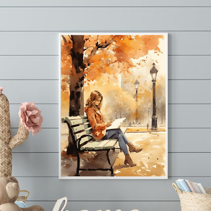 Girl Reading A Book Under The Autumn Tree - Full Round Drill Diamond Painting 30*40CM