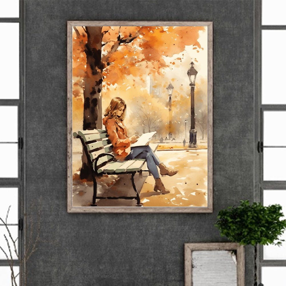 Girl Reading A Book Under The Autumn Tree - Full Round Drill Diamond Painting 30*40CM