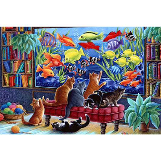 Cat Looking At Fish Tank - Full Round Drill Diamond Painting 40*60CM