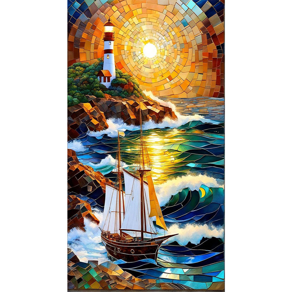 Sunrise Sailboat Lighthouse Glass Painting - Full Round Drill Diamond Painting 40*70CM