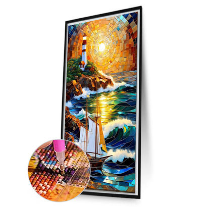 Sunrise Sailboat Lighthouse Glass Painting - Full Round Drill Diamond Painting 40*70CM