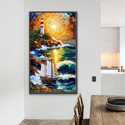 Sunrise Sailboat Lighthouse Glass Painting - Full Round Drill Diamond Painting 40*70CM
