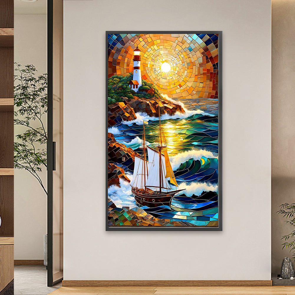 Sunrise Sailboat Lighthouse Glass Painting - Full Round Drill Diamond Painting 40*70CM