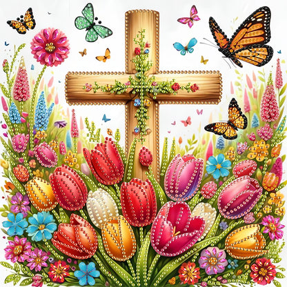 Cross And Flower - Special Shaped Drill Diamond Painting 30*30CM