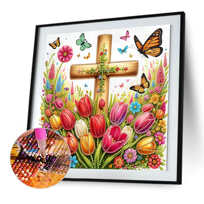Cross And Flower - Special Shaped Drill Diamond Painting 30*30CM