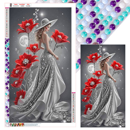 Red Flower Moon Lady - Full Round Drill Diamond Painting 40*70CM