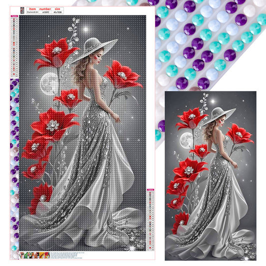 Red Flower Moon Lady - Full Round Drill Diamond Painting 40*70CM