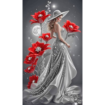 Red Flower Moon Lady - Full Round Drill Diamond Painting 40*70CM