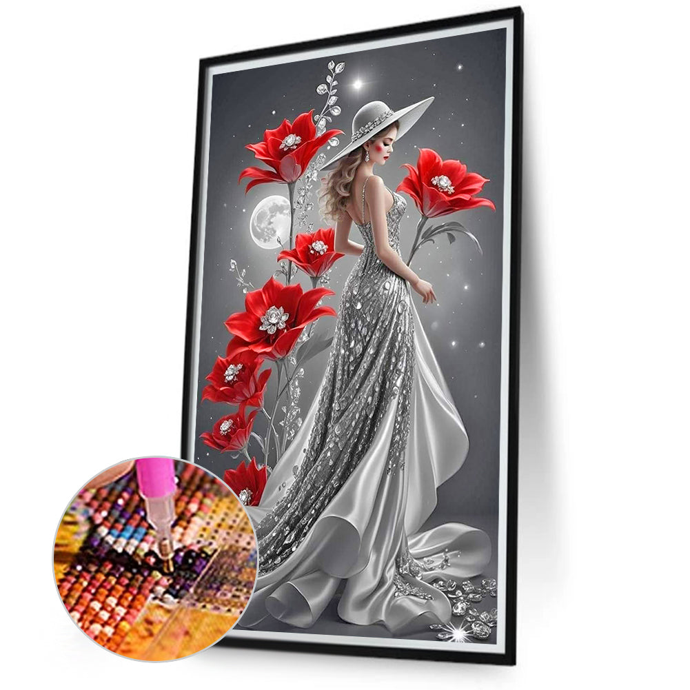 Red Flower Moon Lady - Full Round Drill Diamond Painting 40*70CM