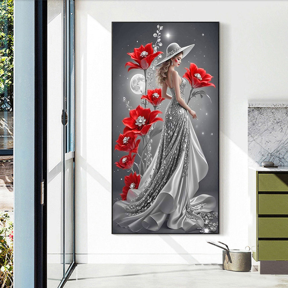 Red Flower Moon Lady - Full Round Drill Diamond Painting 40*70CM