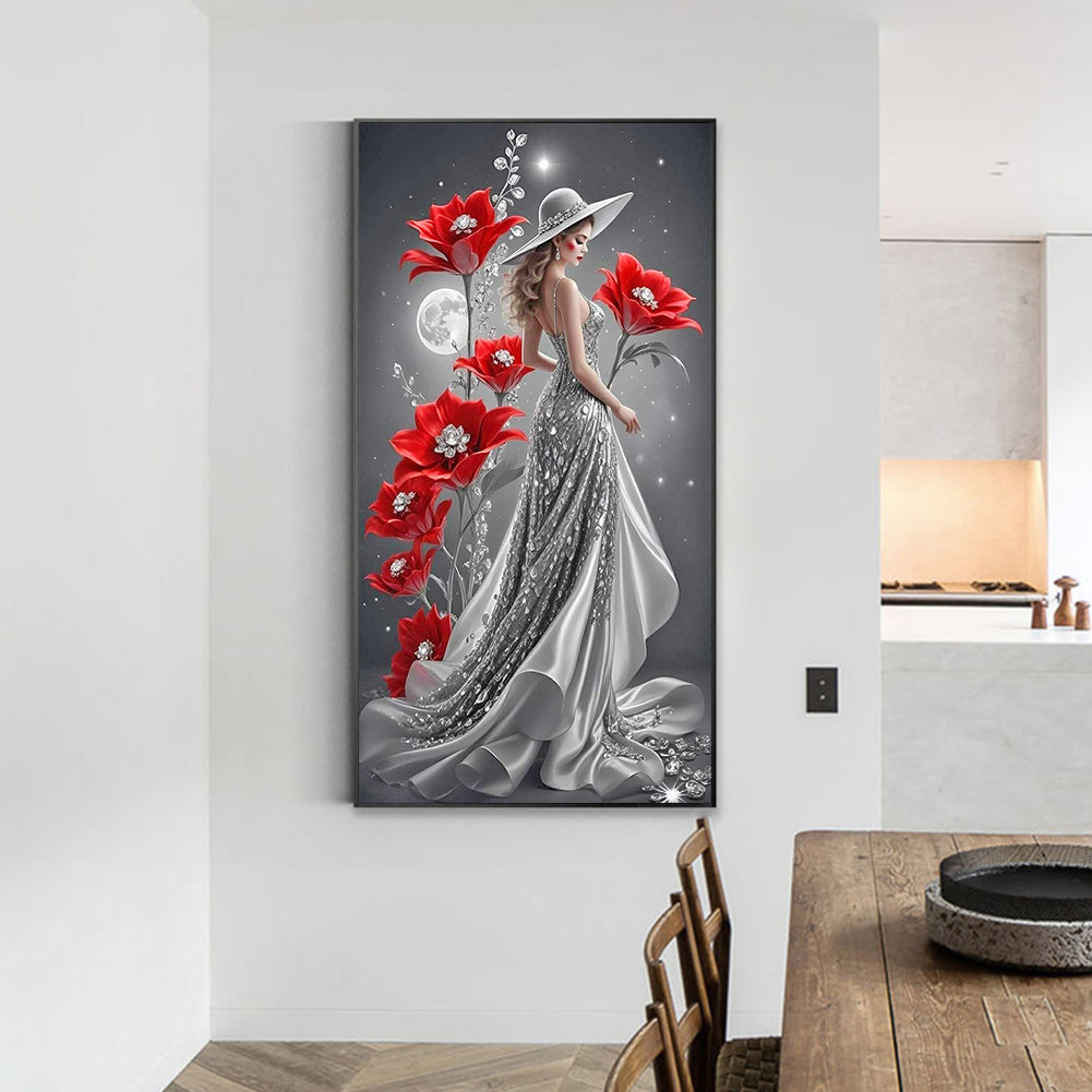 Red Flower Moon Lady - Full Round Drill Diamond Painting 40*70CM