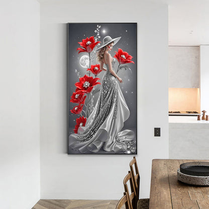 Red Flower Moon Lady - Full Round Drill Diamond Painting 40*70CM