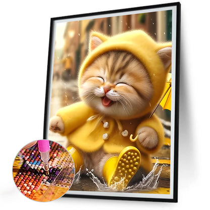 Yellow Raincoat Cat - Full Round Drill Diamond Painting 30*40CM