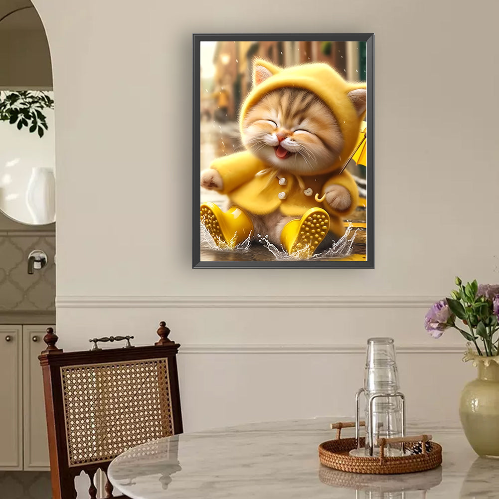 Yellow Raincoat Cat - Full Round Drill Diamond Painting 30*40CM