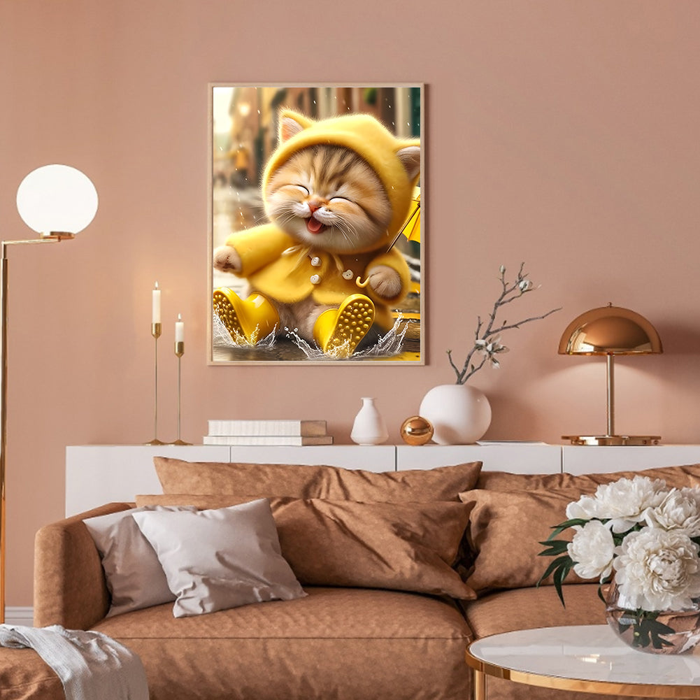 Yellow Raincoat Cat - Full Round Drill Diamond Painting 30*40CM