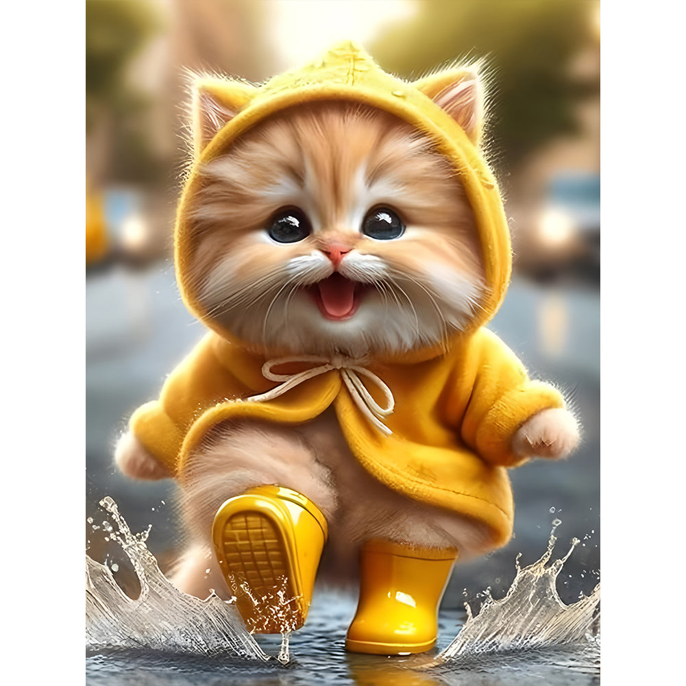 Yellow Raincoat Cat - Full Round Drill Diamond Painting 30*40CM