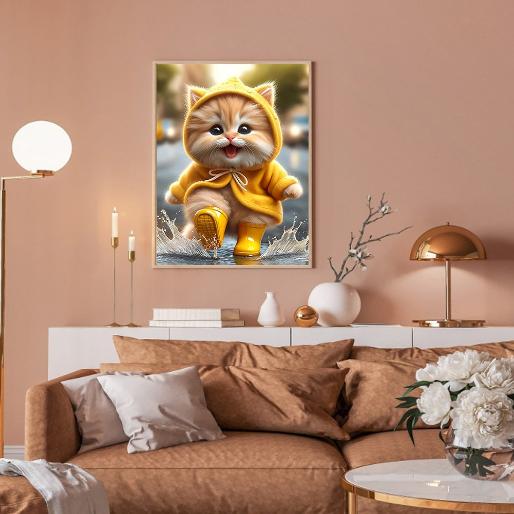Yellow Raincoat Cat - Full Round Drill Diamond Painting 30*40CM