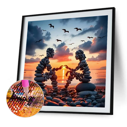 Stone Art Couple At Sunset - Full Round Drill Diamond Painting 30*30CM