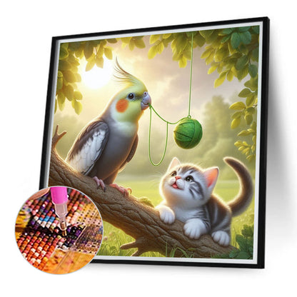 Parrot And Cat - Full Round Drill Diamond Painting 40*40CM
